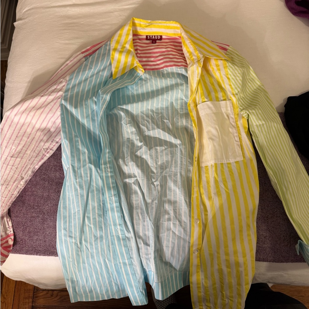Staud colorful button-down shirt. Perfect for a beach vacation.